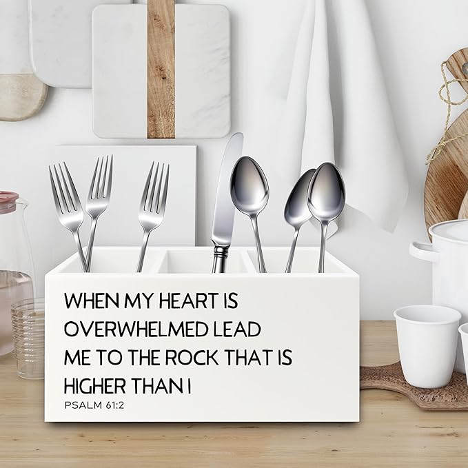 Christian Pen Pencil Holder Organizer for Desk, Christian Gifts for Women Men, Religious Psalm 61:2 Bible Verse Scripture Wooden Box Sign for Home Office Desk Tabletop Decorations