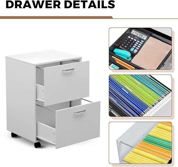 QDSSDECO 2 Drawer Mobile File Cabinet, Rolling Vertical Filing Cabinet fits A4, Legal Paper and Letter Paper for Home Office, White
