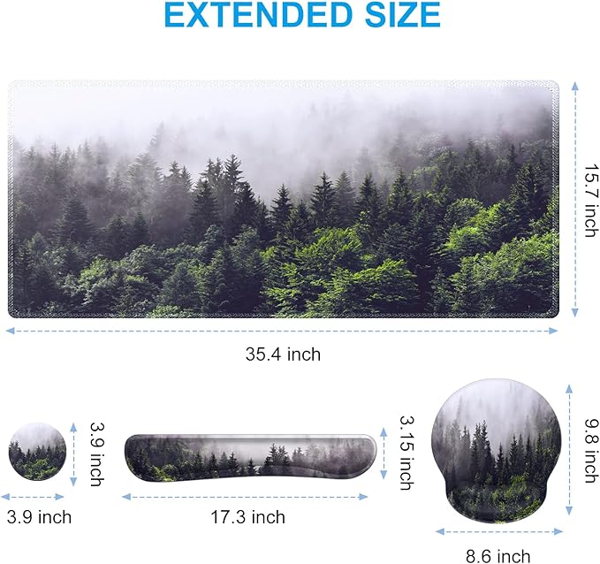 iCasso Desk Mat, Gaming Mouse Pad Wrist Support Set,4in1 XXL Large Mousepad + Keyboard Wrist Rest+Mouse Wrist Rest+Coaster Set with Ergonomic Design for Home Office Table Computer-Forest