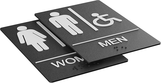 ASSURED SIGNS Unisex Bathroom Signs, Restroom Sign For Business - For Unisex Men and Women - 2 Pack - 9" by 6" - ADA Compliant with Braille and Handicap Symbol - Strong Double-Sided Adhesives Included - Apply to Door or Wall