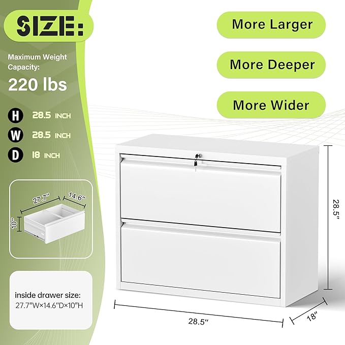 Crownland Lateral File Cabinet with 2 Drawers, 28" W Metal Lockable Office File Cabinets for Home Office- Stores Letter/Legal/A4/F4 Files(White)