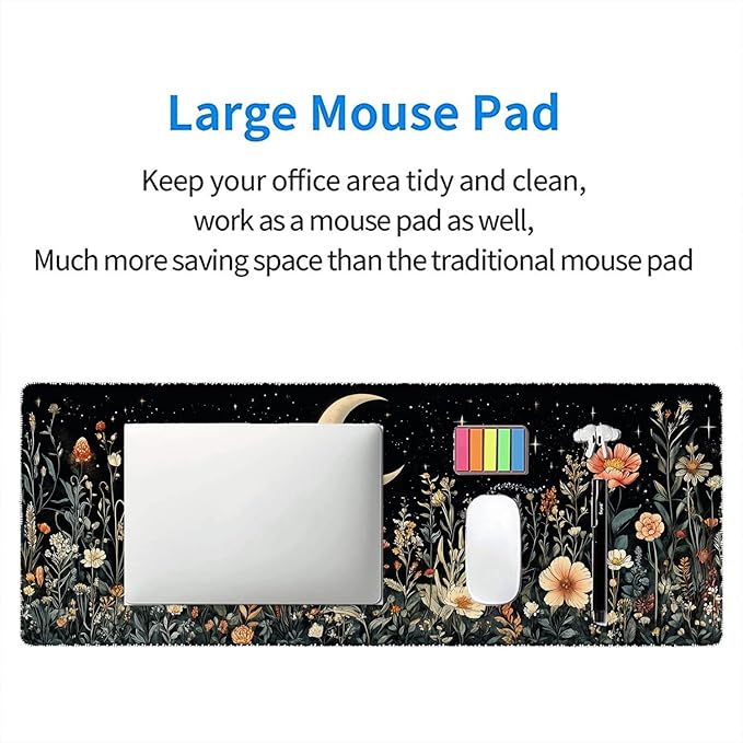 Cute Mystical Plants Desk Pad Whimsical Moon Stars Extended Gaming Mouse Mat with Stitched Edge Non-Slip Base - Big Office Computer Keyboard Laptop Home - 31.5"x11.8"