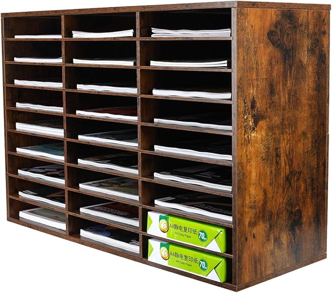 PAG Wood Literature Organizer Mail Sorter Student Mailbox for Classroom Desktop Bill Paper Holder for Office Home School, 27 Compartments, Antique Brown
