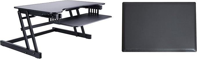 Rocelco 32" Height Adjustable Standing Desk Converter with Anti Fatigue Mat BUNDLE - Sit Stand Up Dual Monitor Riser - Computer Workstation - Large Retractable Keyboard Tray - Black (R ADRB-MAFM)