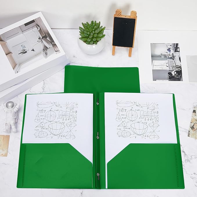 Yeaqee 60 Pcs Plastic Folders with Pockets and Prong Plastic Folders with 2 Pockets Pocket for Office, School for Students, Teachers, Office Workers (Dark Green)