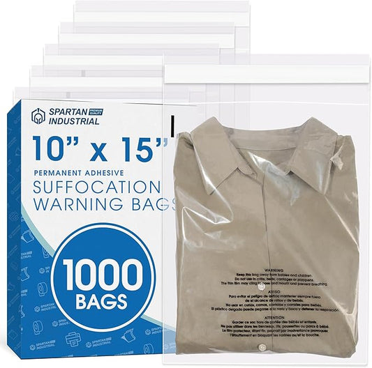 Spartan Industrial - 10" X 15" (1000 Count) Self Seal Clear Poly Bags with Suffocation Warning for Packaging, T Shirts - Permanent Adhesive