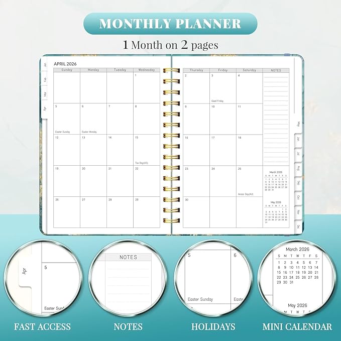 2026 Planner, A5 Weekly and Monthly Planners with Tabs, Spiral Bound Daily Calendar 2026 Planner, Agenda Organizers from Jan. to Dec., Hardcover Habit Tracker Journal 6.18" x 8.5"(Grey Marble)