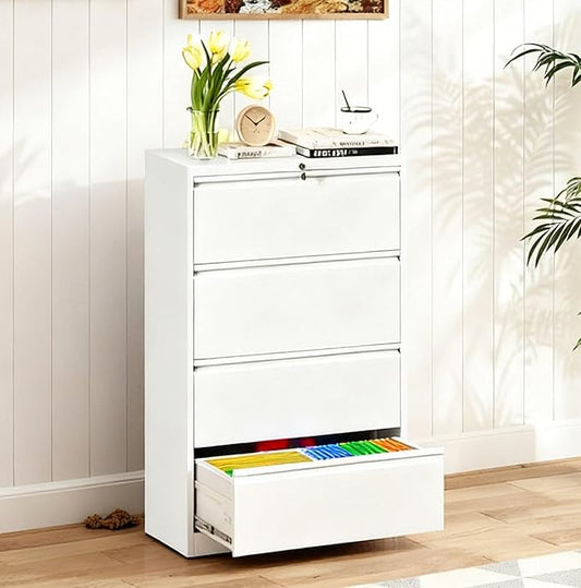 4-Drawer Lateral File Cabinet with Lock, Black Metal Filing Cabinet for Office or Home – Secure Storage for Letter/Legal/A4/F4 Documents, Easy to Assemble Locking File Organizer (White, 4 Drawer-52"H)
