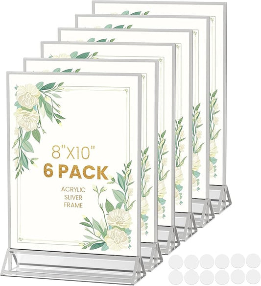 8X10 Sliver Picture Frames Acrylic Sign Holder Double-Sided 8X10 Sliver Frames for Menu Holder Wedding Table Number Holder Christmas Photo Frames with Clear Sticky Dots -6 Pack