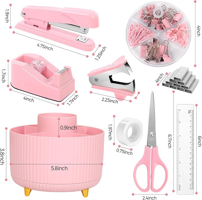 SKYDUE Pink Desk Accessories 10Pcs, Rotating Pen Holder for Desk, Stapler, Staple Remover, Tape Dispenser,2pcs Tape Refills, Binder Paper Clips Kit, Scissor,Pink Office School Supplies