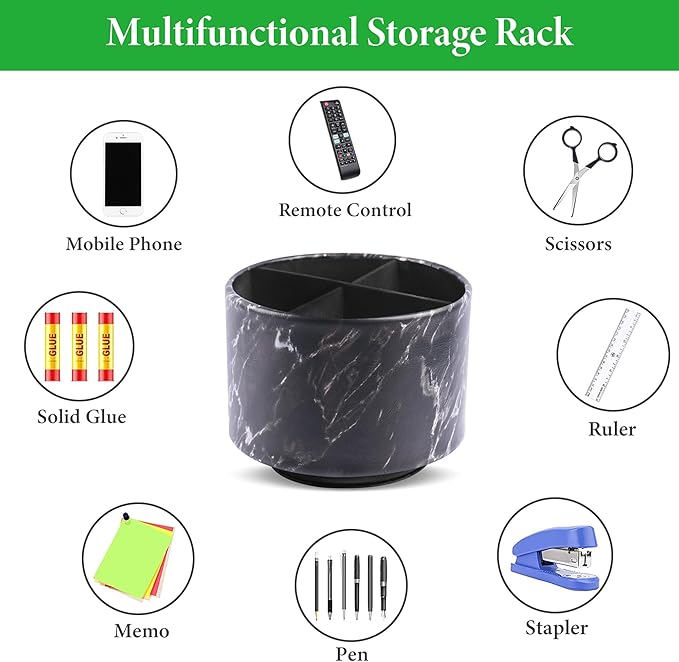 Round Leather Art Supply Organizer,Remote Control Holder,360-degree Rotating Pen Organizer with 4 Compartments(1-Marble Black Silver)
