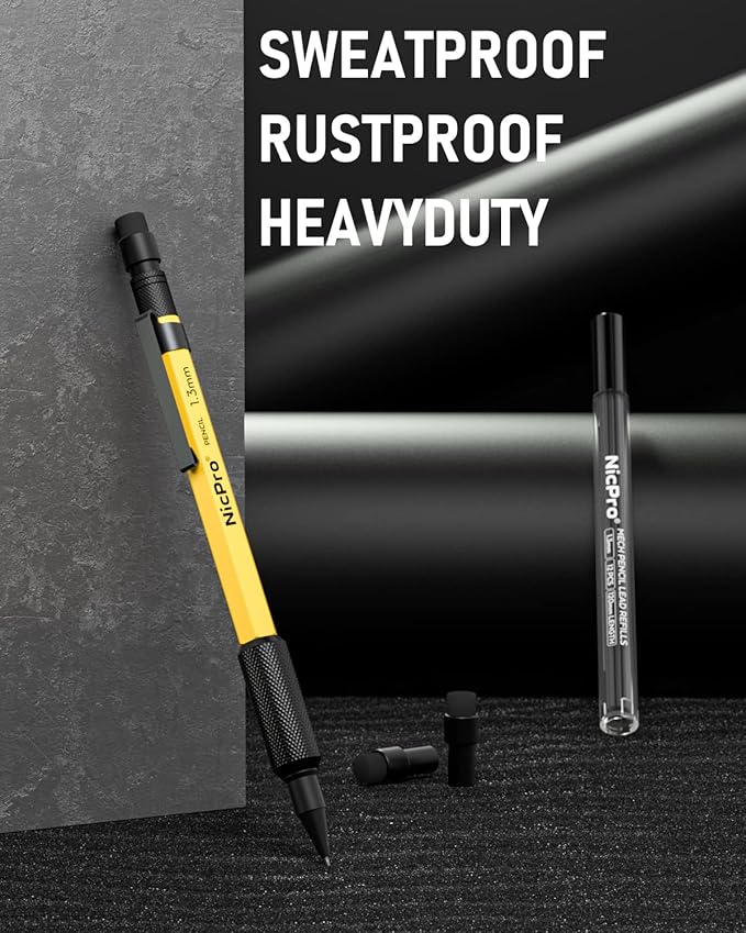 Nicpro 1.3 mm Mechanical Pencil Set with 12 Lead Refill, Eraser - Weatherproof Metal MP2000 Heavy Duty Carpenter Pencil for Outdoor Marking Drafting Drawing Sketching Woodworking - with Case