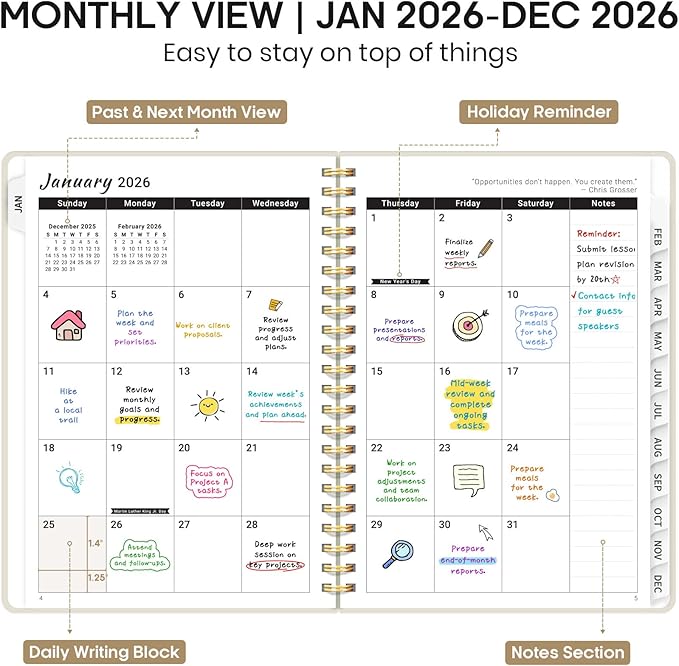 2026 Planner, Weekly and Monthly Calendar Planner Book, January 2026 - December 2026, Hardcover Spiral Planner with Monthly Tabs, Notes Pages, Perfect for Women & Men, A5 (6.4" x 8.5") - Beige