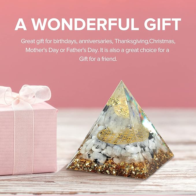 Hopeseed Orgone Pyramid for Positive Energy, Orgonite Rainbow Moonstone&White Crystal Healing Crystal Pyramids for Reduce Stress Chakra Reiki Healing Meditation Attracts Lucky and Success