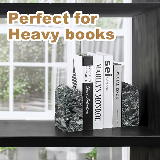 Koville South African Natural Marble Bookends for Shelves, Non-Slip Book Ends, 13LBS Ultra Heavy Duty Marble Book Holder Organizer, Apartment Decor for Movies/CD/Video Games(Olive Green)