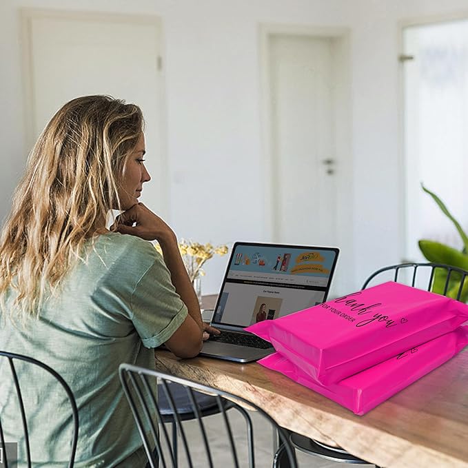 JinRuiKJ Thank You Poly Mailer 10x13 Inch 100 PCS, Shipping Bags for Clothing, Packaging Bags for Small Business, Strong Adhensive, Waterproof and Tear-Resistant Mailing Envelopes, Rose Red