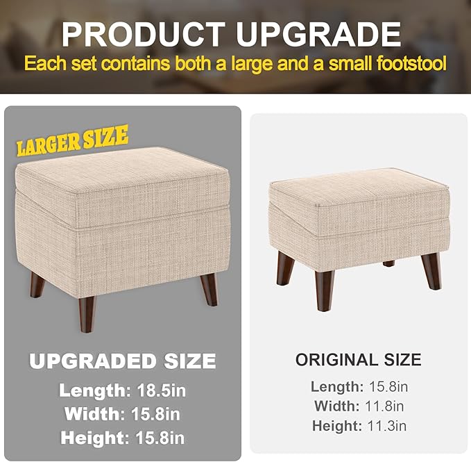 Foot Rests with Adjustable Cover, BOGO, Storage Ottoman Dorm, Footstool & Sitting Stool, Ottoman Foot Stool Set for Living Room, Bedroom, Dorm, Beige