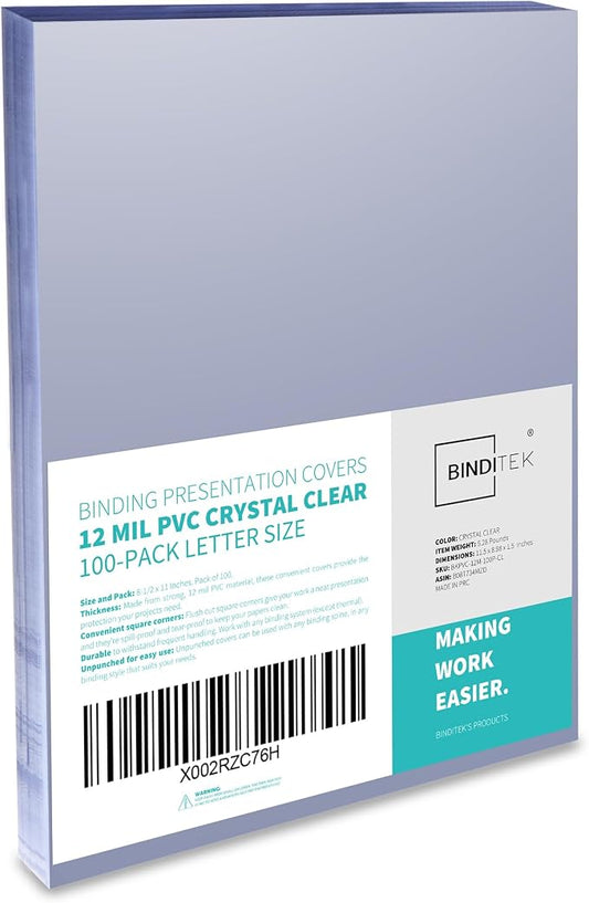 Binditek 100 Pack 12 Mil PVC Plastic Binding Covers, 8.5 x 11 Inches, Letter Size, Square Corners, Un-Punched, Office Supplies