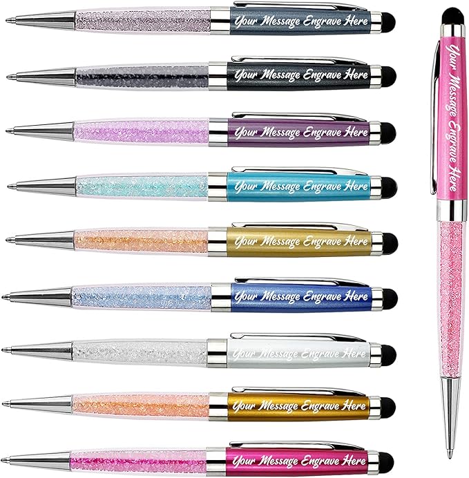 Ancolo Personalized Ballpoint Pens with Stylus tip Stylish Pens Crystal Diamond pen - Engraved with Your Name Logo or Message, Phone Number Black ink Perfect for Office Advertising