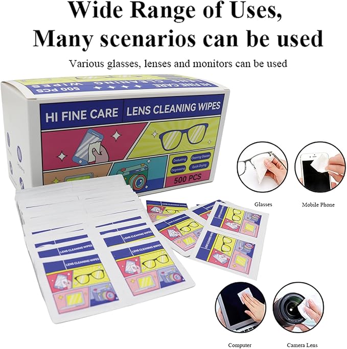 Pre-Moistened Lens Cleaning Wipes,500 Pcs Cleaning Wipes for Glasses, Computer & Laptops Screens, Smart Phones, Optical Lens, Goggles, and Watch Screen l Quick-Dry and Scratch-Free