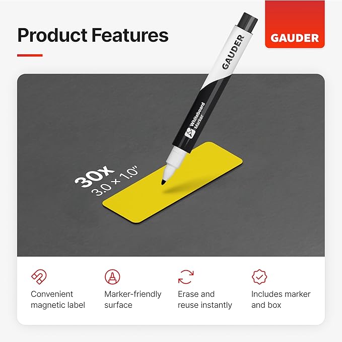 GAUDER Magnetic Dry Erase Labels | 30x Magnetic Labels (3 Inches x 1 Inch) | Dry Erase Magnets for Classroom, Whiteboard and Blackboard