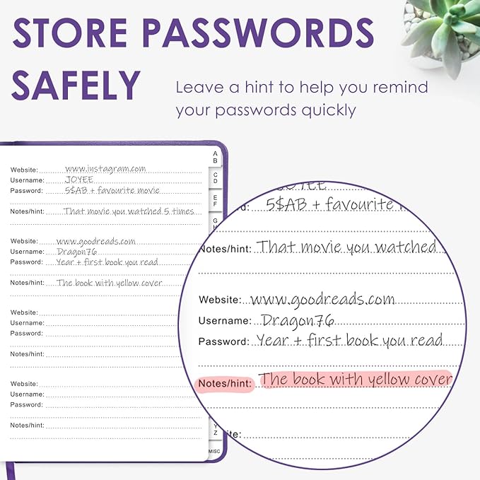 Elegant Password Book with Alphabetical Tabs - Hardcover Password Book for Internet Website Address Login - 7" x 10" Password Keeper and Organizer w/Notes Section & Back Pocket (Violet Purple)