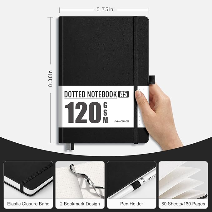 AHGXG Bullet Dotted Journal - Dot Grid Notebook Journal, 120 GSM Thick Acid-Free Paper, A5 Dotted Notebook 160 Pages, Leather Hardcover, Inner Pocket, Journal Stencil, 5.7'' × 8.3'' - Black