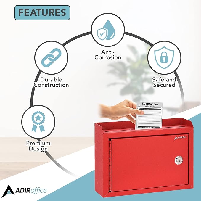 Adir Suggestion Box with Lock and Slot, Wall Mount Deposit Box for Payment and Checks, Office Mail Box for Employees, Money Drop Box with Keys, Drop Safe Box - 9.75x7x3 Inch Red