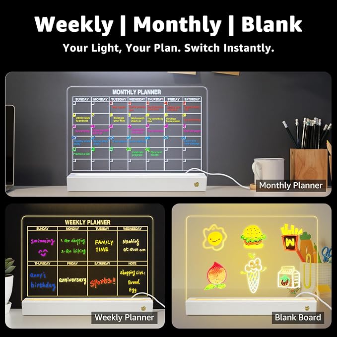 LED Note Board with 8 Colors，Acrylic Dry Erase Board with Light, Clear Monthly/Weekly Calendar, Led Drawing Board for Kids with Stand, 8 Markers, Adapter, Soft Cloth, Holiday Trend Gift (White)