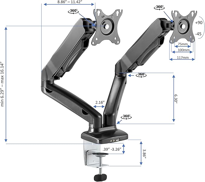 Rocelco 43" Height Adjustable Standing Desk Converter with Premium Dual Monitor Arm Mount - Tall Stand Up Tabletop Riser and Tablet Slot - Computer Workstation - Keyboard Tray - Black (R VADRB-43-MA2)