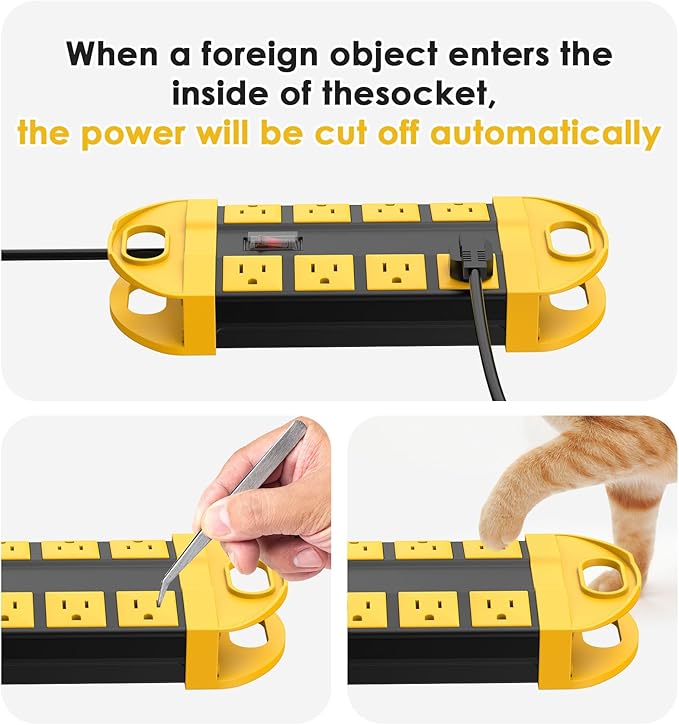 CCCEI Outdoor Power Strip Weatherproof with 8 Plug, Waterproof Extension Cord with Multiple Outlets, Christmas Exterior Garden Yard Surge Protector 25FT, Yellow.