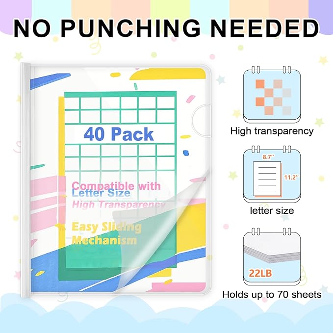 TOTiyea 40 Pack Clear Report Covers with Sliding Bars, Letter Size, 9mm (70 Sheet Capacity) White Sliding Bar File Folders