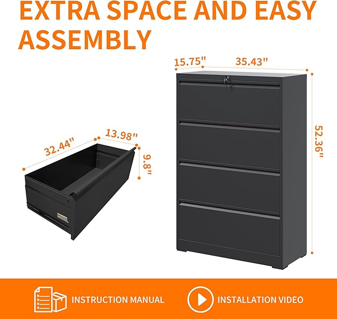 Locking File Cabinet with 4 Drawer Heavy Duty Large Metal Filing Cabinet Home Office Lateral File Cabinets Wide Steel Cabinets for Legal/Letter Size,Assembly Required
