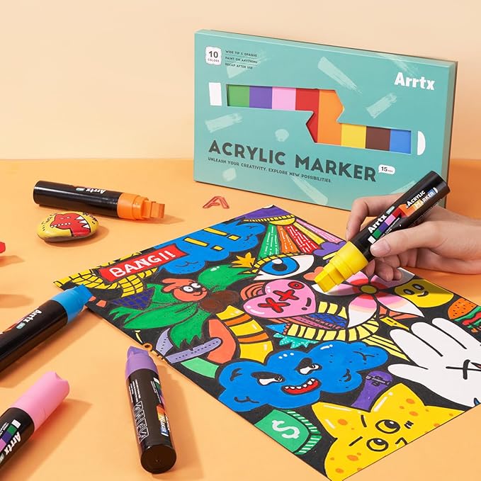 Arrtx 10-Piece Jumbo Acrylic Paint Markers, 15mm Felt Tip, Waterproof, Odorless, Non-Toxic, Multi-Surface Art Supplies for Rock Painting, DIY Crafts Making