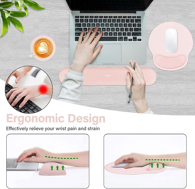 MOSISO Wrist Rest Support for Mouse Pad&Keyboard Set, Circle Curved Ergonomic Mousepad&Coaster Non-Slip Base Home/Office Pain Relief&Easy Typing Pad with Soft Cloth&Silicone Lining, Chalk Pink