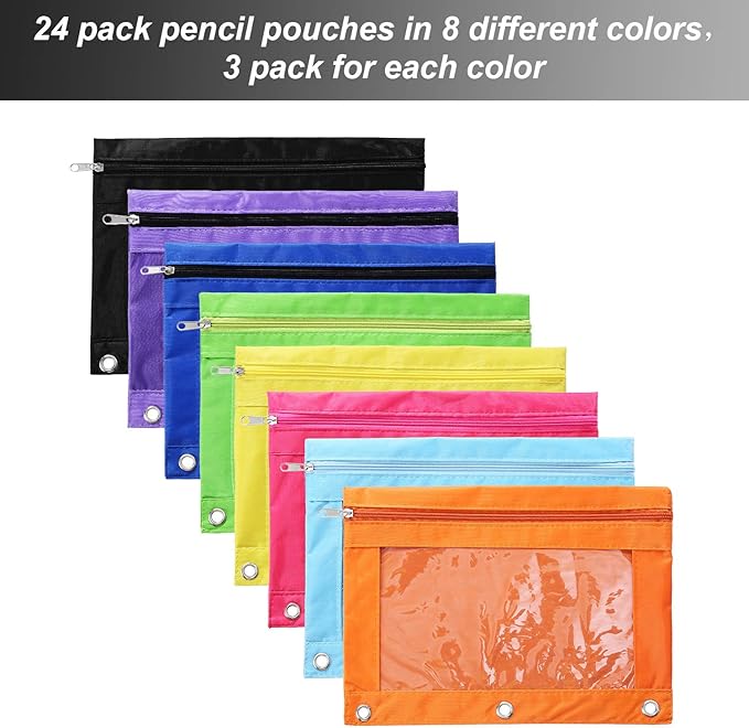 Boao 24 Pcs Pencil Pouch for 3 Rings Binder Pencil Bags Bulk with Zipper Colorful Case Stationery Bag with Clear Window for Office Supplies