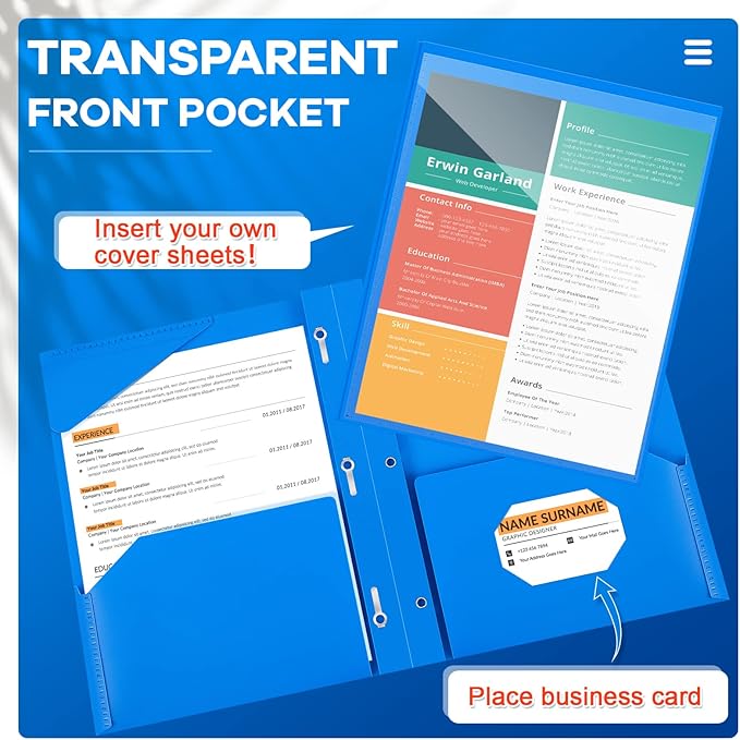 Henoyso 18 Pcs Plastic Folder with Clear Front Pocket and 3 Prong Plastic Folders with Card Slot Pocket Folders with Prongs for School Office (Blue)