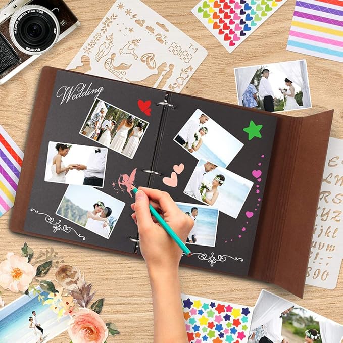 ThxMadam Green Scrapbook Leather Photo Album Vintage Wedding Guest Book Memory Book with 60 Black Pages Present for Valentines Anniversary Mother’s Day Birthday Gift for Teacher Student Kids Friend