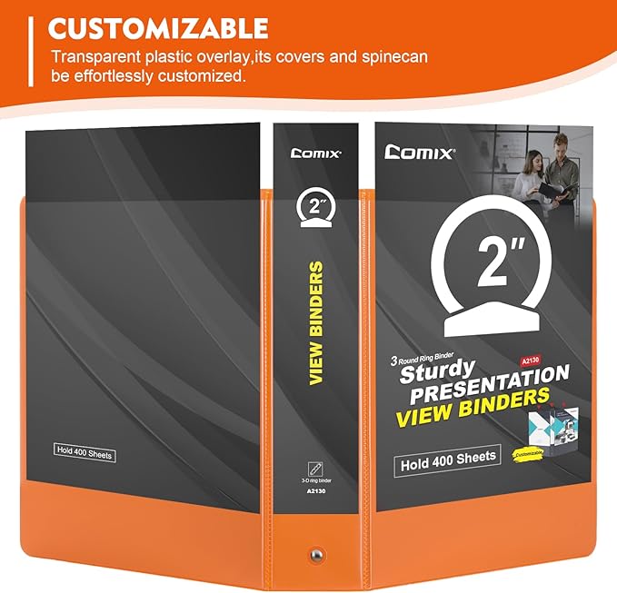 COMIX 3 Ring Binder 2 inch with Clear View Cover, 2" View Binder Holds 450 Sheets of US Letter Size Paper, 6 Pack (Orange)