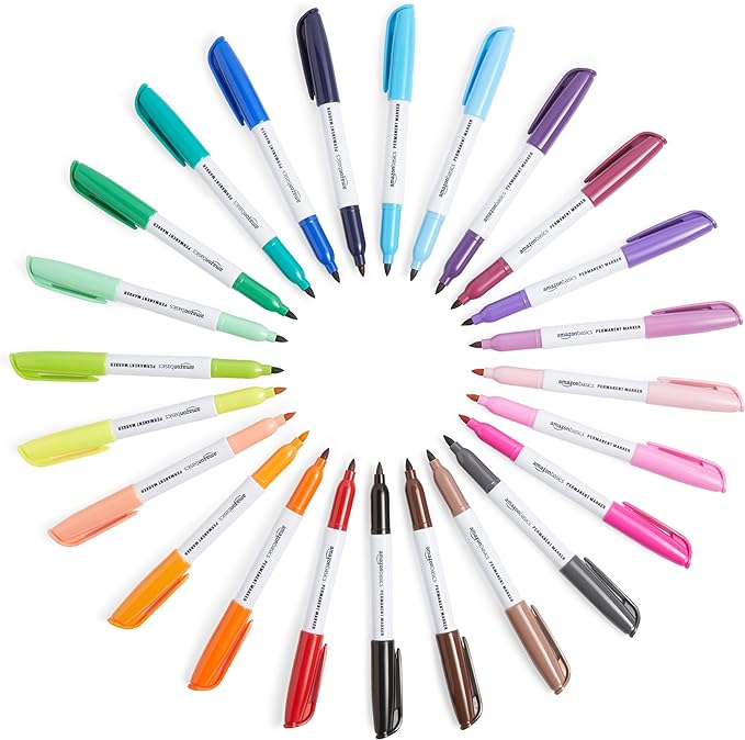 Amazon Basics Fine Tip Point Permanent Markers for Office, School, and Home Use, Assorted Colors, 24 Pack