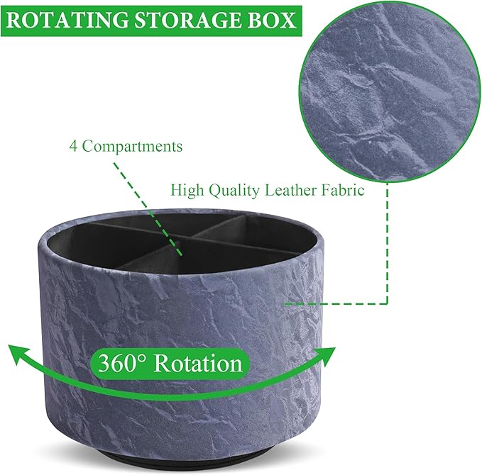 Hennaja Round Leather Art Supply Organizer,Remote Control Holder,360 Degree Spinning,Multi-Functional Pencil Holder,4 Compartments Desktop Stationary Organizer(1-Hill Blue)