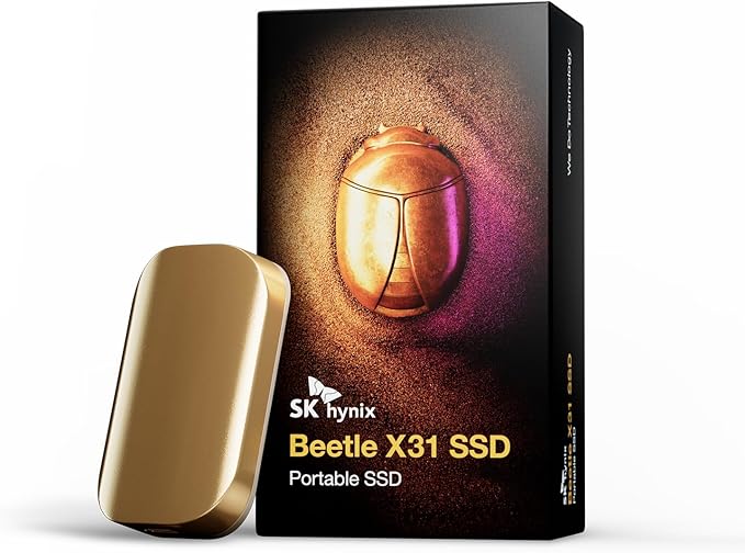 SK hynix Beetle X31 1TB Portable SSD with DRAM, up to 1050MB/s, USB 3.2 Gen2, External Hard Drive Compatible with PC, Mac, Laptop, PS5 (Champagne Gold)