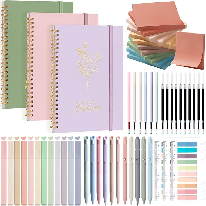 58PCS Aesthetic School Supplies, Cute College Ruled A5 Spiral Notebook Stationary Set Back to School Supplies Bible Study Kit Office College Essentials with Pastel Highlighters for Women Student Girls