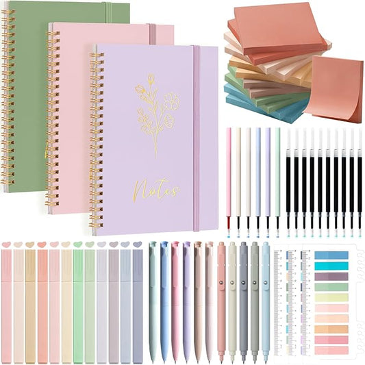 58PCS Aesthetic School Supplies, Cute College Ruled A5 Spiral Notebook Stationary Set Back to School Supplies Bible Study Kit Office College Essentials with Pastel Highlighters for Women Student Girls