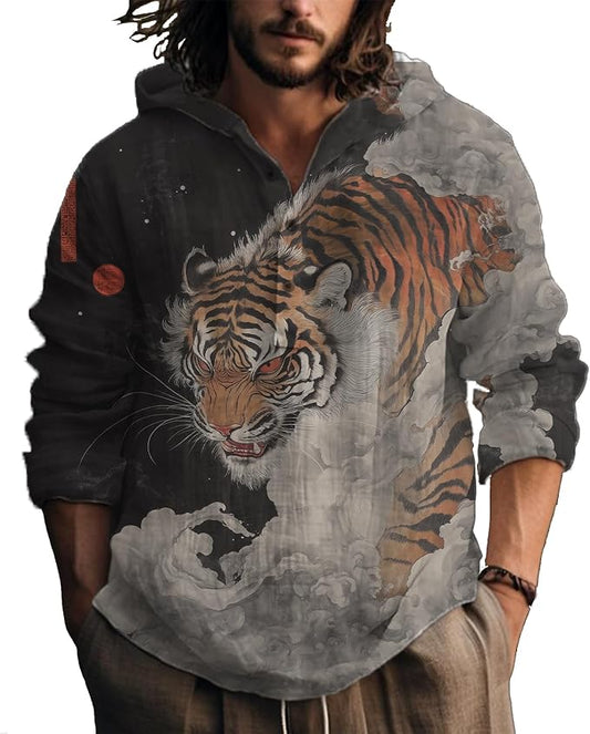 MARSVOVO Hooded Long Sleeve Shirt Men Fashion Graphic Button Up Lightweight Big and Tall Casual Vacation Shirts for Men