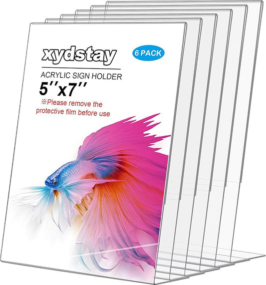 6pack Acrylic Sign Holder 5x7 for Picture Frames, L Shape Clear Plastic, Plastic Sign Holder,Menu Holder, Unbreakable Table Sign Holder for Restaurant, Office, School, Store and Home Use