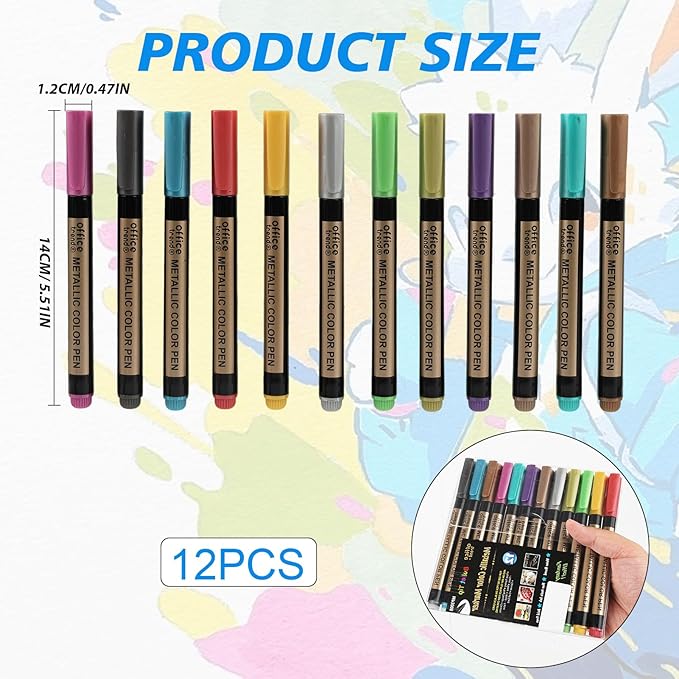 12 Colors Metallic Paint Markers, Medium Tip Acrylic Paint Pens for Black Paper, Scrapbooking Supplies for Vision Board and Art Crafts, Metallic Markers for Rock Painting and Photo Albums