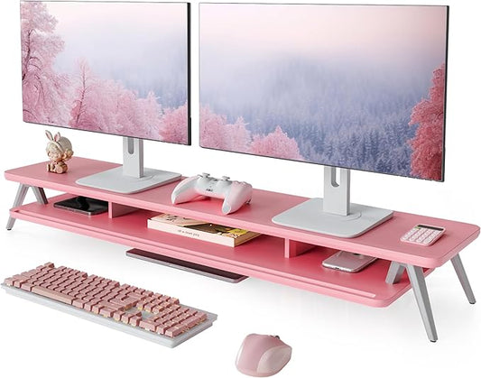 Fenge Dual Monitor Stand, Monitor Stands Riser for 2 Monitors, 42.5 Inch Wood Desk Shelf with Storage Organizer and Cable Management for Office Desk Accessories