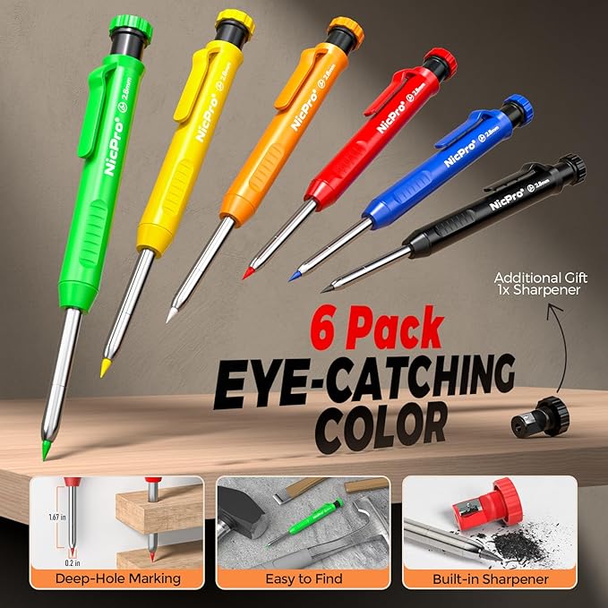 Nicpro 6 Pack CP1000 Carpenter Pencils with Sharpener, Mechanical Pencil Set with 66 Refills, Deep Hole Long Nib Marker Pens, Heavy Duty Woodworking Tools Construction Pencil for Architect Marking