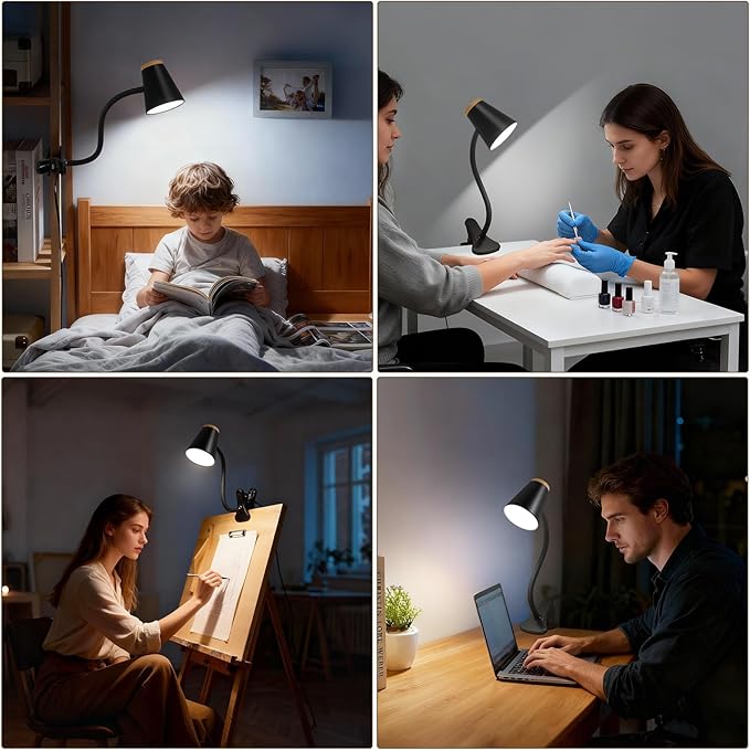 Clip on Desk Lamp for Home Office - Small LED Touch Dimmable Reading Lights for Books in Bed - Adjustable Flexible Gooseneck Clamp Light Table Lamp for Bedside Bedroom Headboard Black